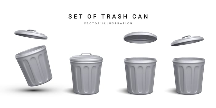 Set of 3d realistic silver trash can on white background. Vector illustration