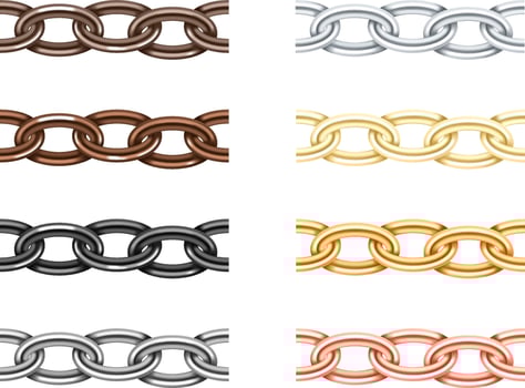 Big collection different metal chain seamless texture. Silver, gold, platinum, iron, copper color chains link set isolated on white background. vector