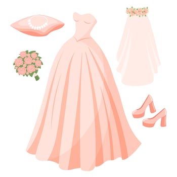 Wedding set for the bride, wedding dress, necklace, high-heeled shoes, floral bridal bouquet, veil with flowers. Design elements, vector
