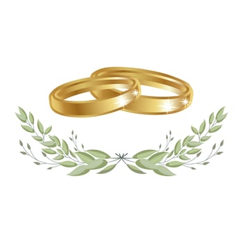 Gold wedding rings in a wreath of eucalyptus leaves. Wedding clipart, logo for invitation. Vector