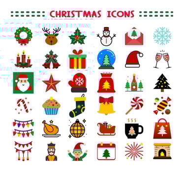 Christmas icons set. Xmas winter decorations isolated on white background. Cartoon colorful illustration. Color flat design. vector