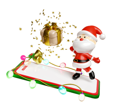3d Santa claus with smartphone, Jingle bell, holly berry leaves, glass transparent lamp garlands, gift box, party banner. merry christmas and happy new year, online shopping, 3d render illustration png