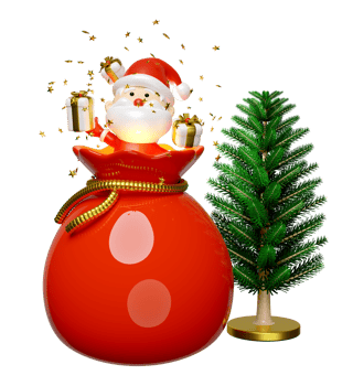 Santa claus with gift bag, gift box, christmas tree. merry christmas and festive New Year, 3d render illustration png