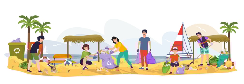 Group of people cleaning up the beach from garbage and waste, plastic, rubbish. Earth day. Environment protection, ecosystem concept. Clean-up of the territory. Man with rakes, plastic bags. Seaside vector