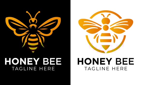 Honey bee logo design template with vector illustration. Flying honey bee icon symbol in line, flat, and color style. Vector illustration