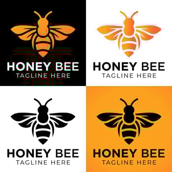 Honey bee logo design template with vector illustration. Flying honey bee icon symbol in line, flat, and color style. Vector illustration