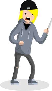 Angry young man with knife. Street Crime. Criminal guy offender. Robber thief in hoodie. Urban security problem - Cartoon flat illustration vector