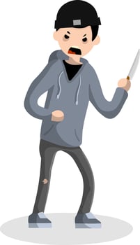 Angry young man with a knife. The Street Crime. A criminal guy offender. A robber is a thief in a hoodie. Urban security problem - Cartoon flat illustration vector