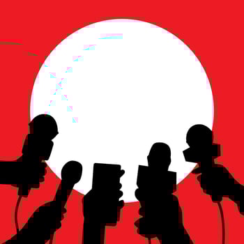 Silhouette of press conference, media interview, journalist microphone. Vector illustration