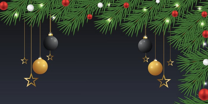 Realistic Christmas green leaf banner with golden and black-red balls with lights and golden stars with a back background. vector