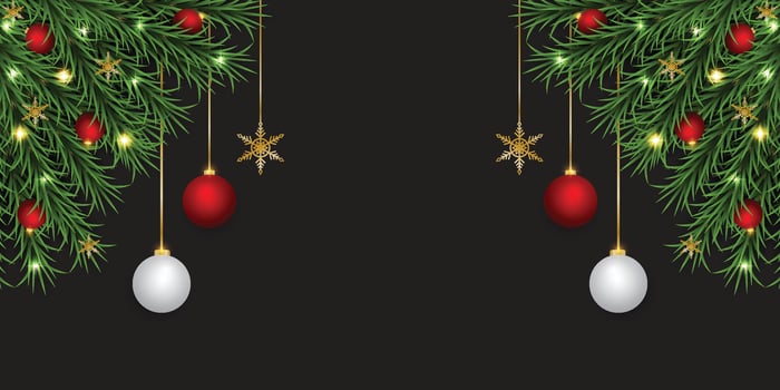 Christmas green leaf banner with red and white balls with lights and a black background. vector