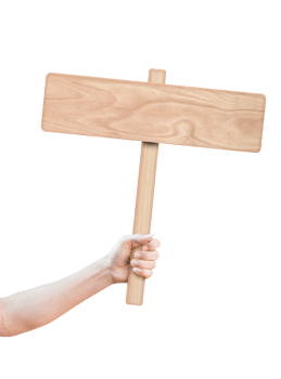 hand holding wooden sign isolated on transparent background. png