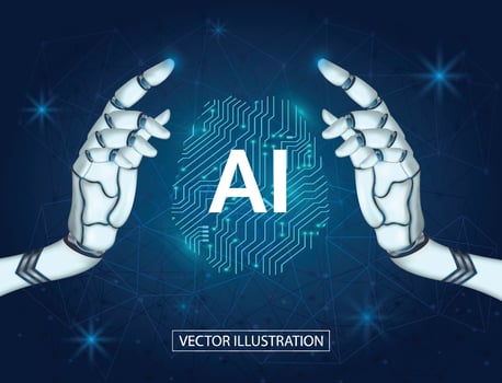 Ai electronic brain, robot hands with artificial intelligence hanging over brain, ai have thinking concept vector