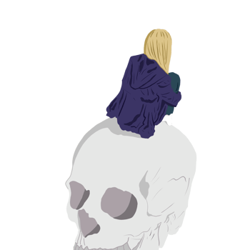 Depressed girl sitting on skull png