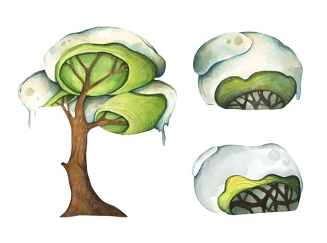 Watercolor illustration of Winter snow-covered tree. vector