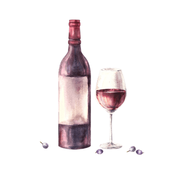 A bottle and glass of red wine with grape berries. Watercolour hand draw food illustration. Wine making set for your design print of sticker, flyers, drink menu, wine list, card png