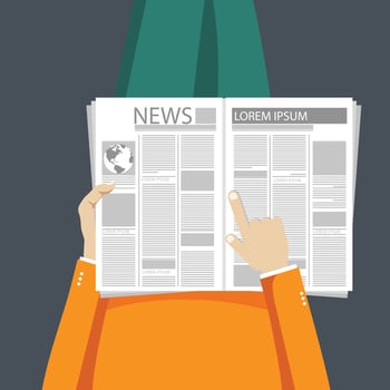 Man sitting on the floor and holding newspaper in his lap with coffee and croissant by his side. Coffee time, coffee break concept. Flat vector illustration.
