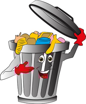 Vector of overloaded dustbin holding lid.