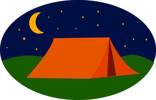 A landscape of a campsite with a brown tent over green grasslands at night, vector or color illustration.