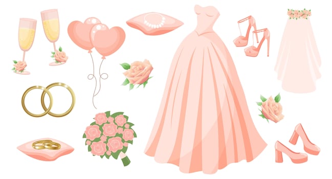 Wedding set of clothes and accessories for the bride, wedding dress, rings, necklace, shoes, veil, champagne glasses, bouquet, balloons. Design elements, vector