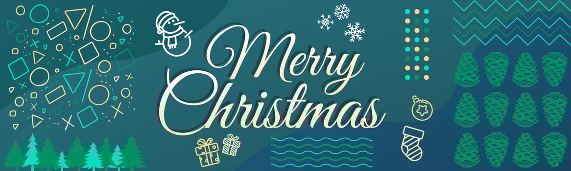 Merry Christmas text banner vector with icon, pine tree, snowman, gift icon, and snowflakes icons.