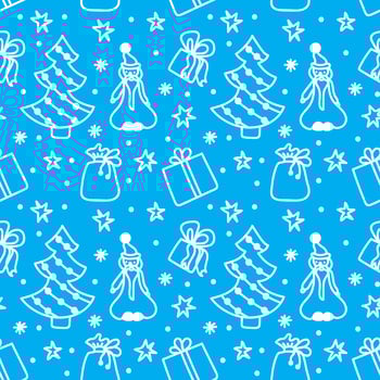 Merry Christmas and Happy New Year seamless pattern in doodle style. Vector illustration on a blue background with white line.