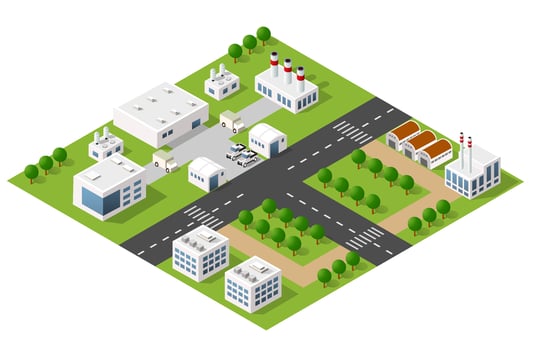 Isometric 3D city module industrial urban factory which includes buildings, power plants, heating gas, warehouse. vector