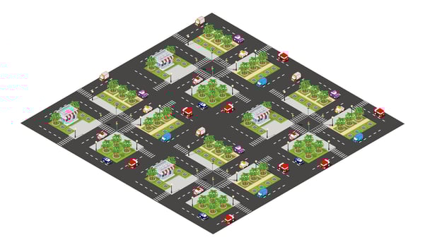 City urban area map Isometric night lights ultraviolet 3D illustration architecture town street with a lot of building houses and skyscrapers, streets, trees and vehicles vector