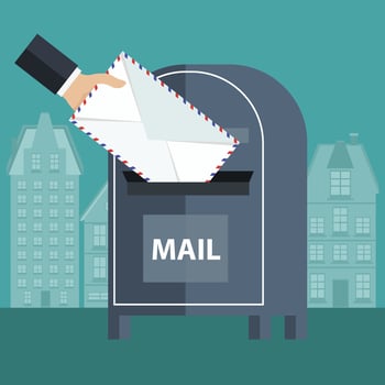 Postbox and envelope. Concept for international communication, express delivery, postal services and chatting. Business correspondence and private messages. Flat vector illustration