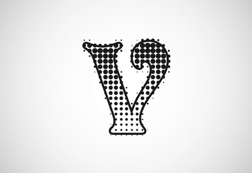 Letter V logo in halftone dots style, Dotted shape logotype vector design.