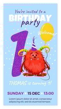 First birthday party invitation with monster, number one, text and balloon. Happy birthday card in flat cartoon style. Vector illustration. All objects are isolated.