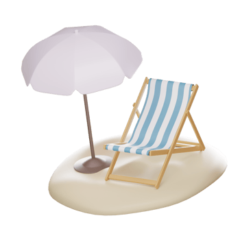 3d vacation icon beach sunbed with umbrella, wooden deck chair. Summertime relax Isolated On  isolated elements  on white transparent background Illustration PNG 3D Rendering.