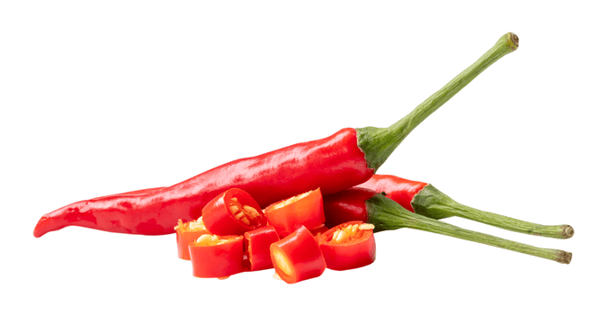 Front view of fresh red chili or peppers with slices or pieces isolated with clipping path in png file format. Hot spices