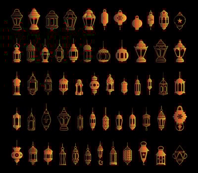 Ramadan lantern linear icons, arabian lamp, lantern icon, muslim antique lamp symbol, moslem celebrate icons set vector. vector