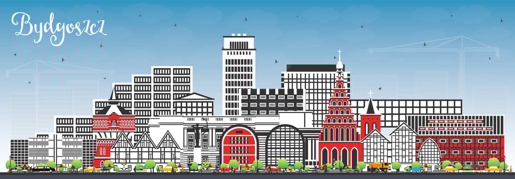 Bydgoszcz Poland city skyline with color buildings and blue sky. Bydgoszcz cityscape with landmarks. Business travel and tourism concept with modern and historic architecture. vector