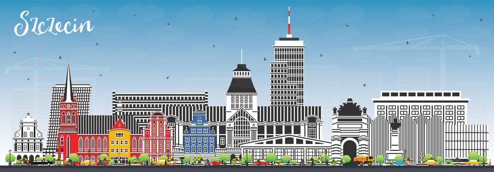 Szczecin Poland city skyline with color buildings and blue sky. Szczecin cityscape with landmarks. Business travel and tourism concept with modern and historic architecture. vector