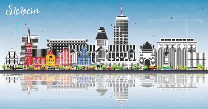 Szczecin Poland city skyline with color buildings, blue sky and reflections. Szczecin cityscape with landmarks. Business travel and tourism concept with historic architecture. vector