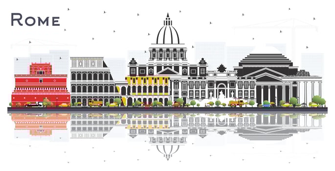 Rome Italy city skyline with color buildings and reflections isolated on white. Business travel concept with historic architecture. Rome cityscape with landmarks. vector