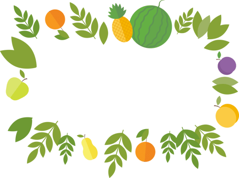 Frame of fruits - pineapple, oranges, peach, watermelon, and green leaves in flat png