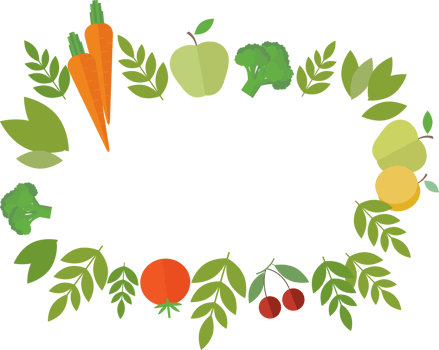 Frame of fruits and vegetables - tomato, apple, cherry, carrot, and green leaves in flat png