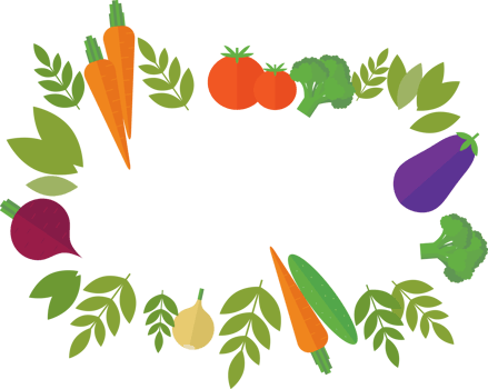 Frame of vegetables - tomato, eggplant, onion, broccoli, carrot, and green leaves in flat png