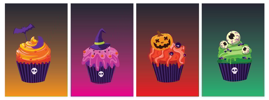 Halloween cupcake set. Halloween food for holiday design. Spooky decorated muffins. vector