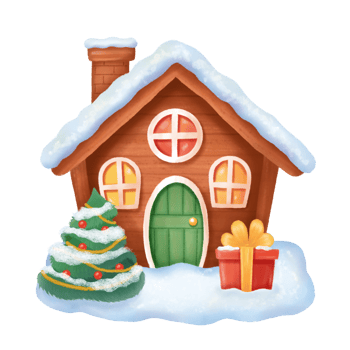 Fabulous magic house in the snow, a green Christmas tree and a gift. New Years winter illustration. Digital watercolor. High quality photo png
