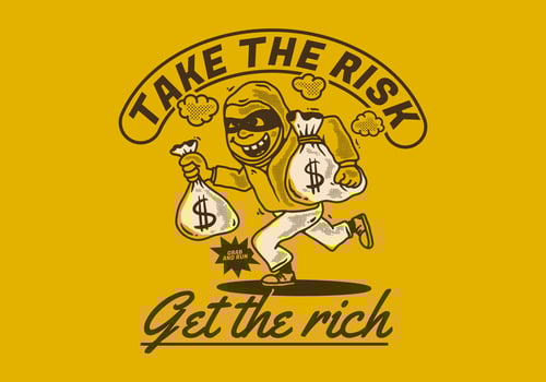 Take the risk get the rich. Character illustration of a thief carrying sacks of money vector