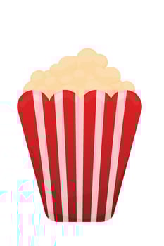 Popcorn highlighted on a white background. A light snack. A large red and white striped box. Vector illustration. Popcorn Day