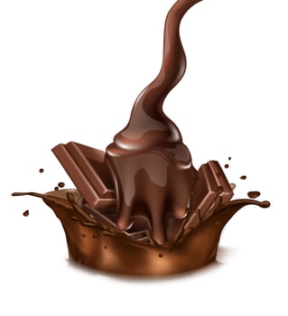 3d realistic vector icon. Chocolate splash with liquind and choco bar. Isolated.