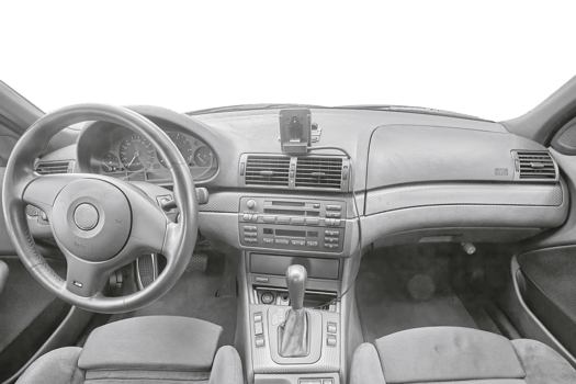 Car sensors and interior. Inside a modern car with transparent windows view, city car interior background png illustration