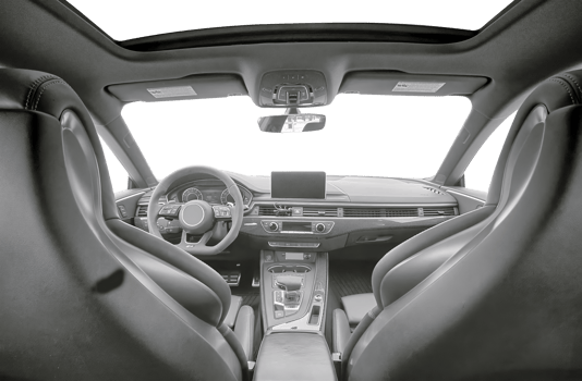 Modern luxury car interior elements wallpaper. Black leather car interior with transparent outside background, png illustration
