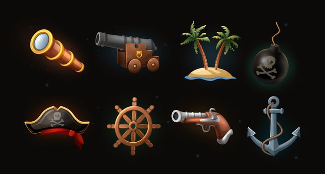 cartoon style 3d icons. Pirate concept. Binocular, gun machine, palms, bomb, pirate hat, ship wheel, gun, ancor. vector