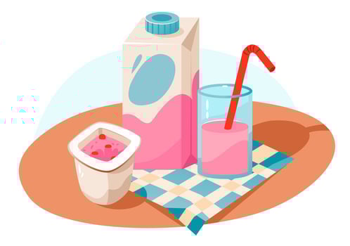 Different types of yogurt on the kitchen table. Dairy products. Organic homemade food. Cartoon vector illustration